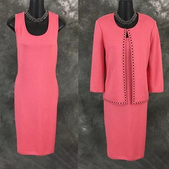 BEAUTIFUL St John collection knit pink jacket dress suit size 10 - Picture 1 of 8